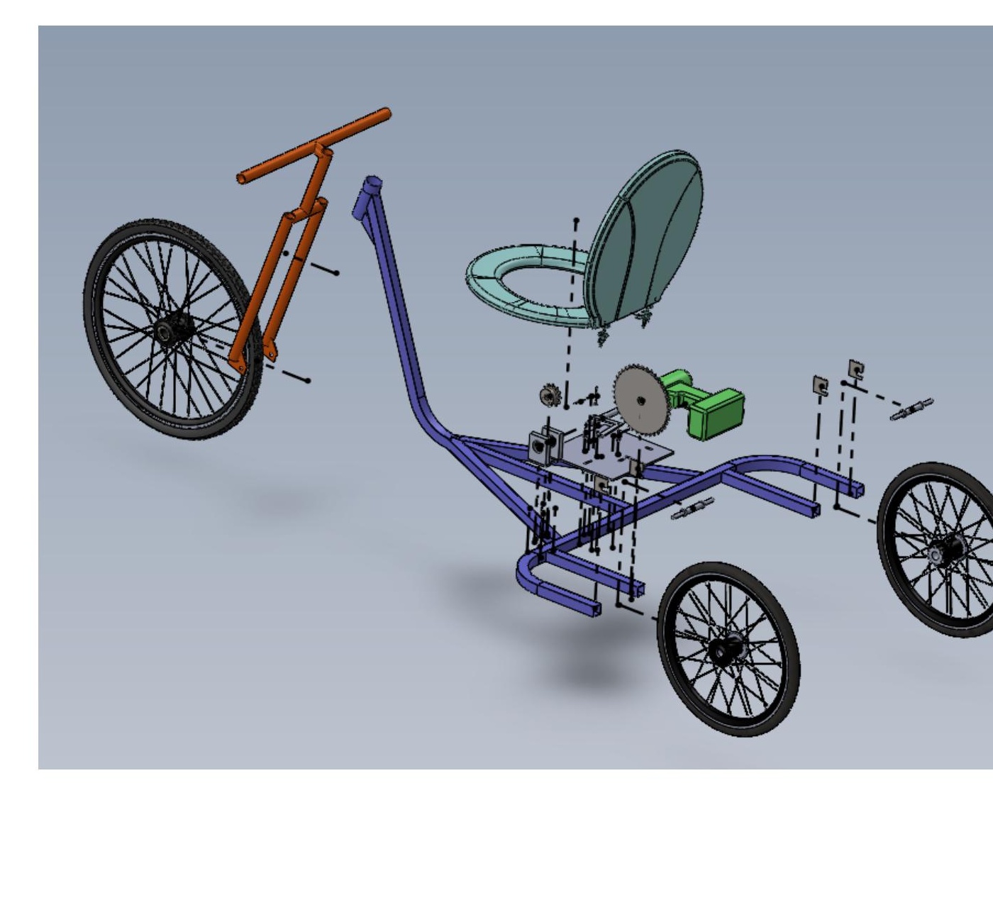 Exploded CAD of tricycle frame and drivetrain